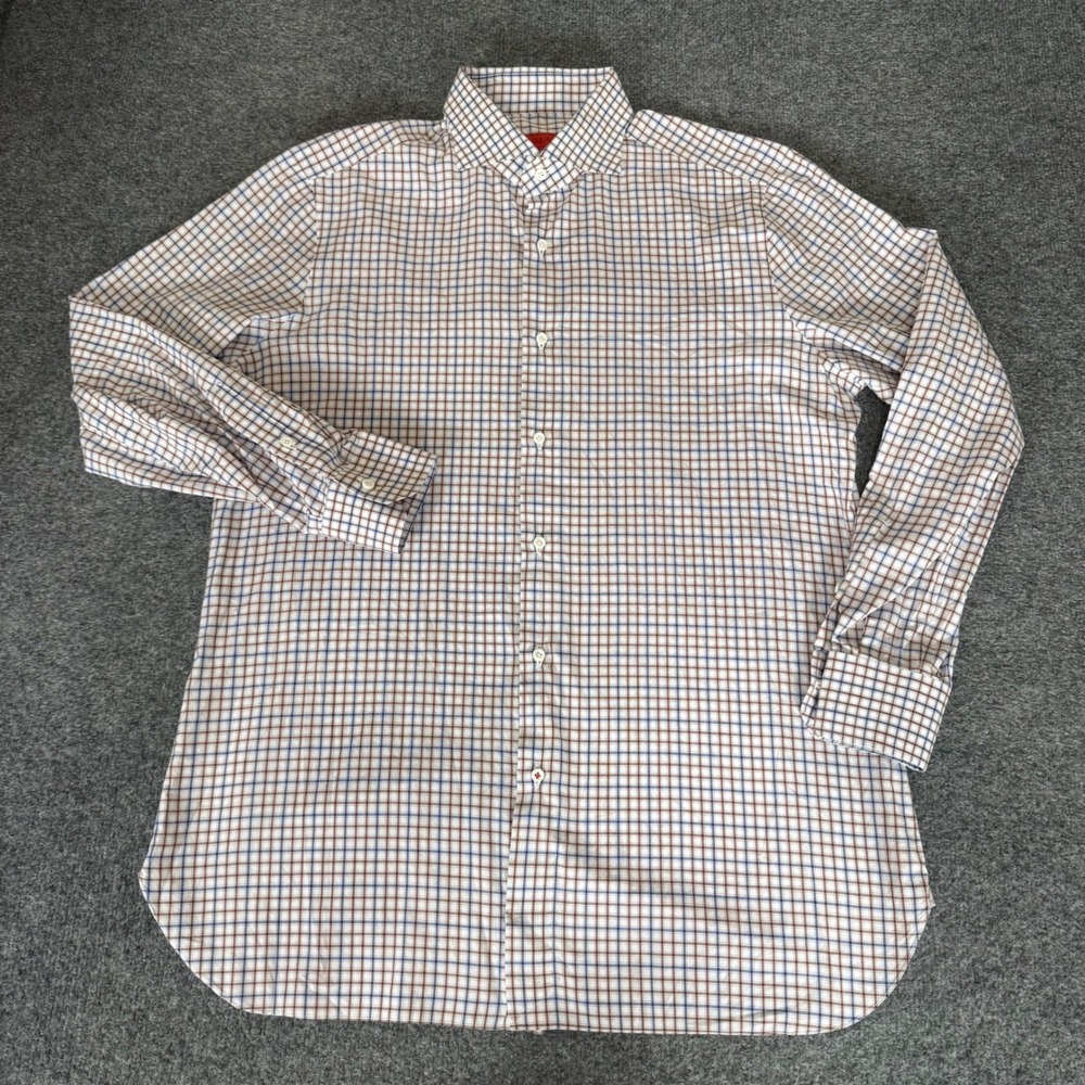 Isaia Napoli Mens 17/43 Button Down Shirt Blue Brown Check Cotton Made in Italy